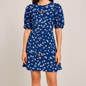 Tanya Taylor Navy‎ Silk Floral Liz Puffed Sleeve Mini Dress